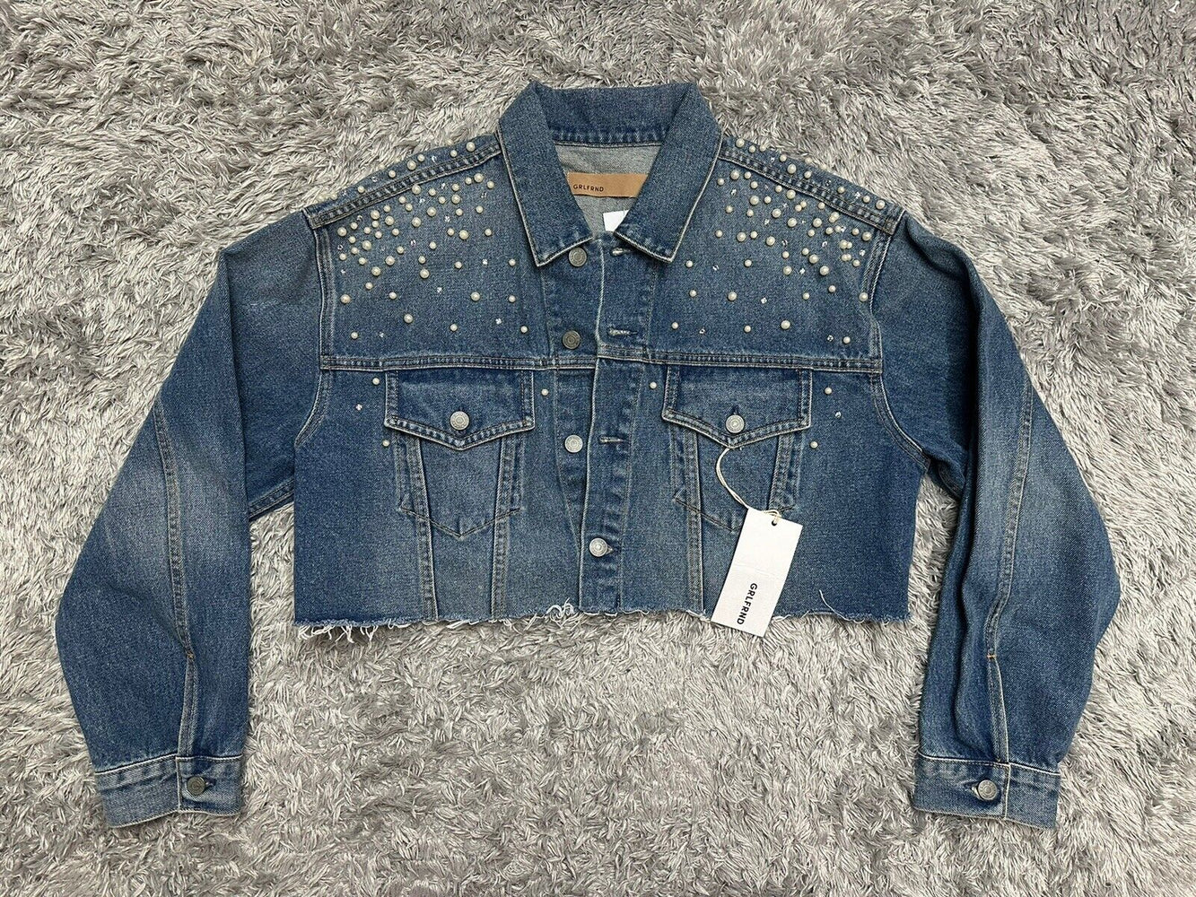 Grlfrnd Eve Cosmic Ray Pearl Embellished Denim Trucker Jacket $460 size M
