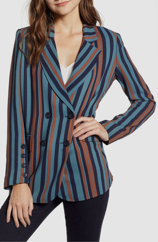 $399 Chelsea28 Women's Blue Brown Stripe Button Double Breasted Blazer Size XXS