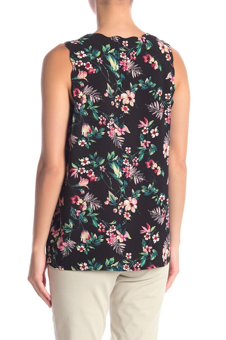 Pleione Size S Black Floral Sleeveless Scalloped Neck Top in black tropical