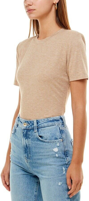 WAYF Women's Skye Padded Shoulder Short Sleeve Bodysuit Sand Beige Top Size XS