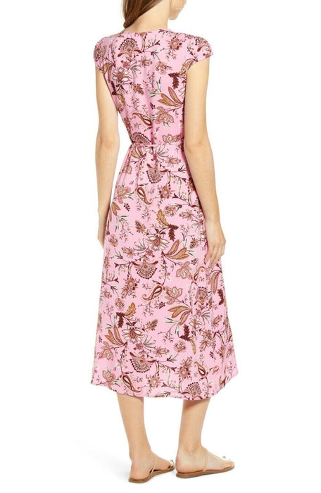LOVE, FIRE Nordstrom Chic Pink Floral Paisley V-Neck Midi Wrap Dress XS Junior
