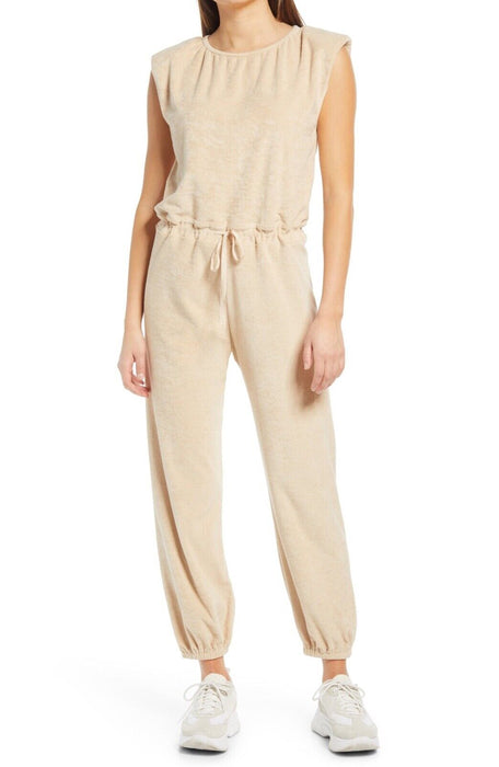 WAYF Woman's Hayden Padded Shoulder Terry Jumpsuit Beige Ecru Size XL