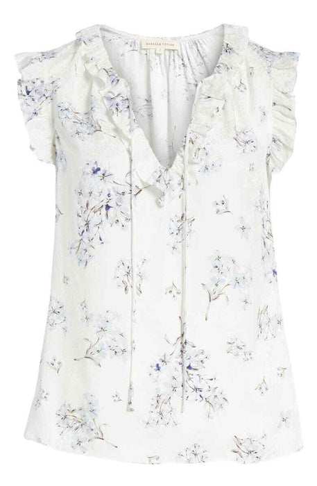 Rebecca Taylor Hydrangea Tie Neck Silk Top In Snow Combo Size 2 $275
