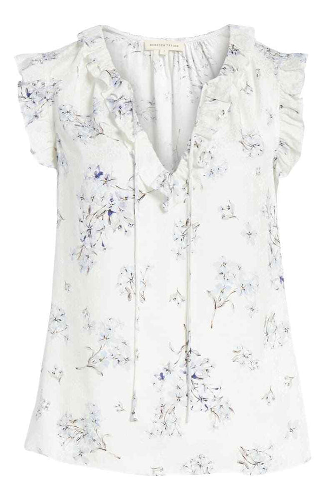 Rebecca Taylor Hydrangea Tie Neck Silk Top In Snow Combo Size 2 $275