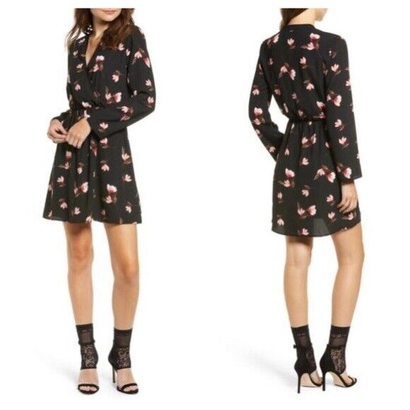 All In Favor Women's Surplice Dress In Black Pink Floral Size M
