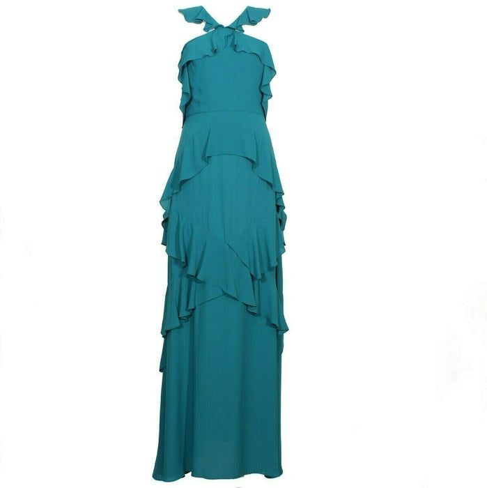 BCBGMAXAZRIA Green Georgette Ruffled Halter Sleeveless Gown dress size 0 $422