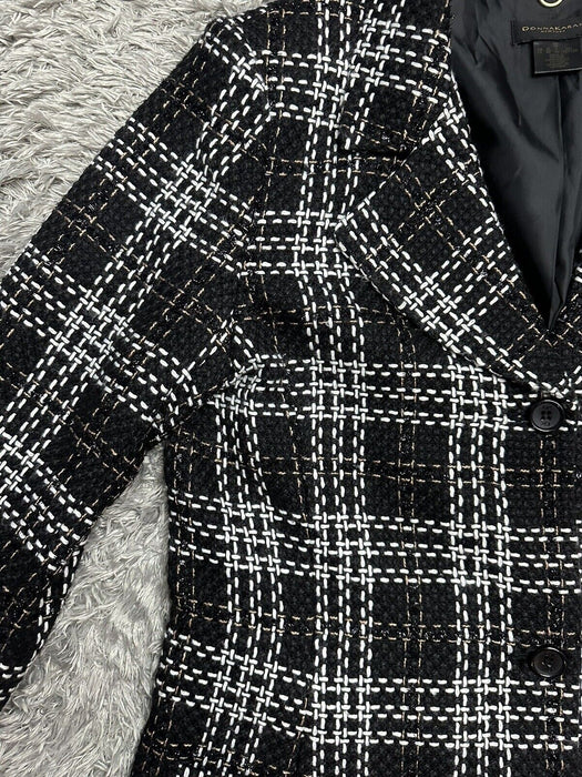 Donna Karan Women's Black Plaid Tweed Three Button Topper Jacket coat Size 14