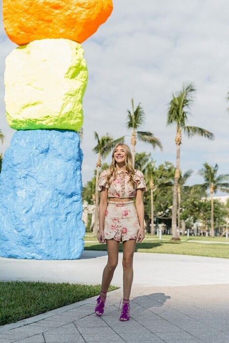 Zimmermann Corsair Flutter Lace Up Crop Top In Cream Floral Size 1 (US 6)