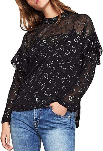 BCBGMAXAZRIA Sheer Chiffon Metallic Top In Black Combo Size L $198