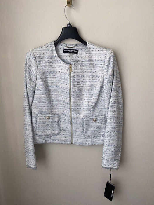 Karl Lagerfeld Paris Women's Tweed Fringe Suit Jacket Blazer In Blue Size 12