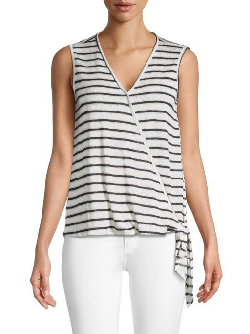 BOBEAU women's L Faux Wrap Side Tie Tank In White/navy/taupe sleeveless v neck