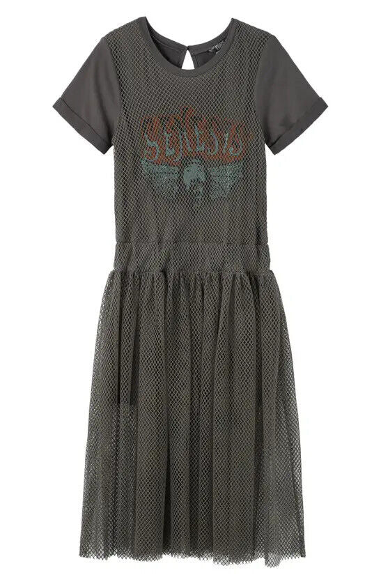 Truce Girls Oversize Mesh Overlay Romper Dress  Dark Grey Size M 10-12