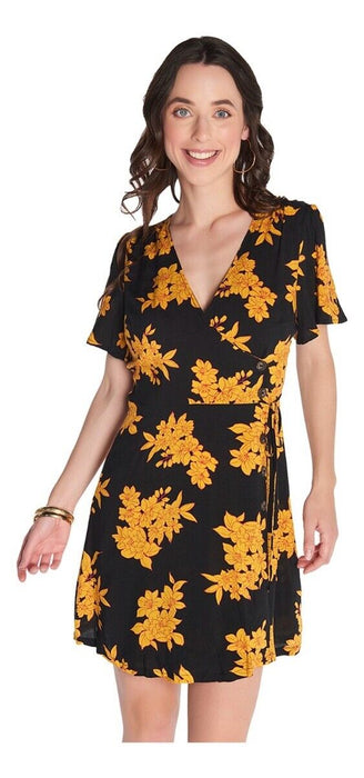 All in Favor Women's short Sleeve black Floral Print Wrap Dress Size S