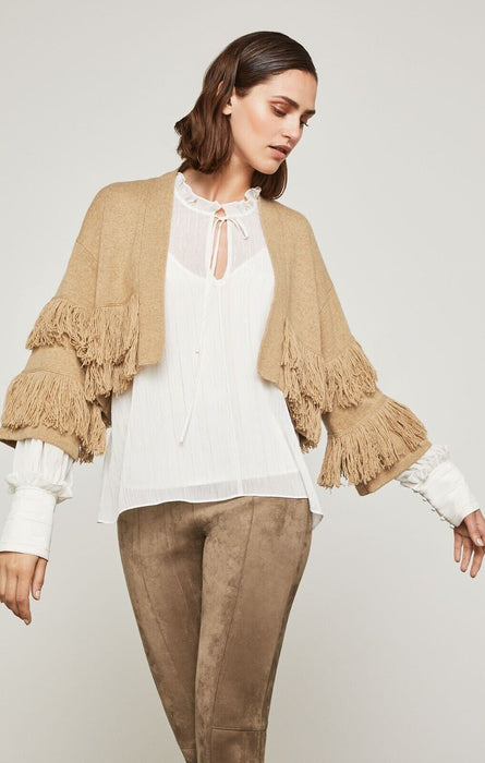 BCBGMAXAZRIA Women's Fringe Trimmed Cropped Cardigan In Camel Brown Size M $260