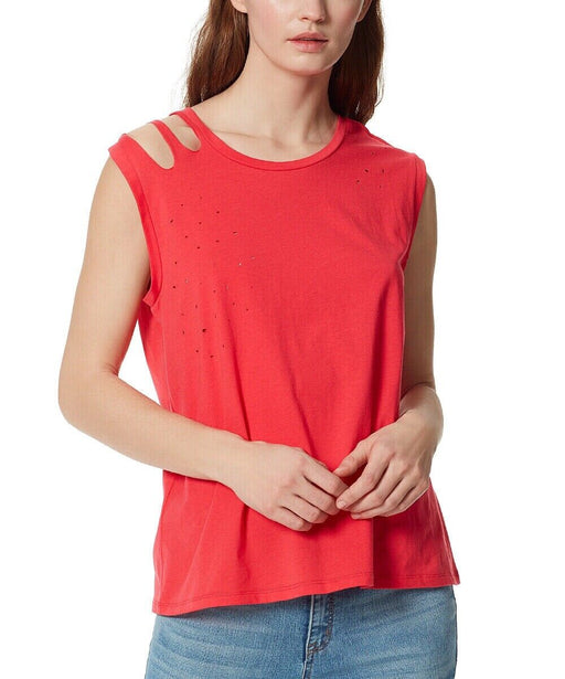 Frayed Women's Sleeveless Distressed Cold Shoulder T-Shirt Teaberry Size XS