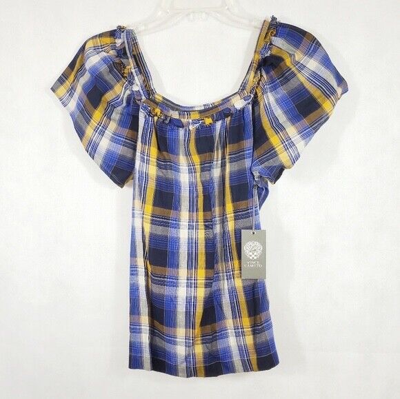 VINCE CAMUTO Sunset Plaid Square-neck Blouse In Electric Blue $69 size M