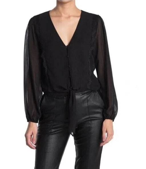 WAYF Women's Lace Trim Knotted Long Sleeve Blouse Black M MSRP $59