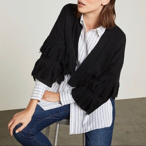 BCBGMAXAZRIA Women's Fringe Trimmed Open Cropped Cardigan In Black Size M $260