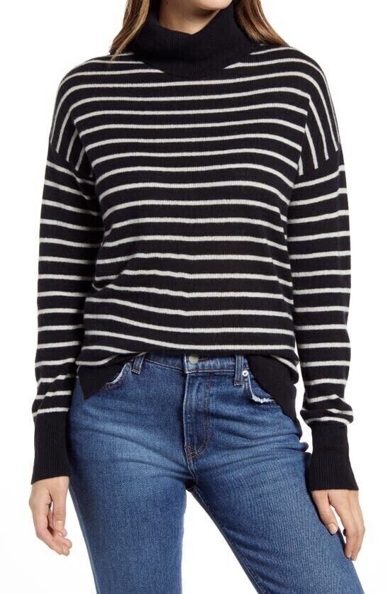 Halogen Cashmere Turtleneck Sweater in Black/White Stripe Size L