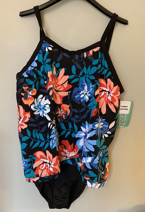 Penbrooke Bloom Town Crossover Hem Tummy Control Tankini One Piece Plus Size 20W