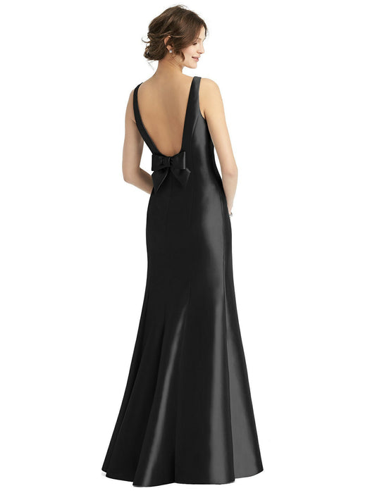 Alfred Sung Sleeveless Satin Gown Low Bow Backless Black D770 Size 2