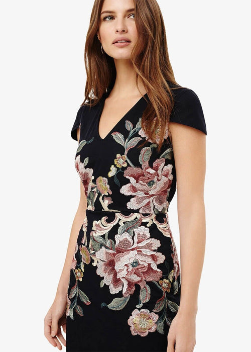 Phase Eight Nara Floral Embroidered Dress In Navy Size 4 $319