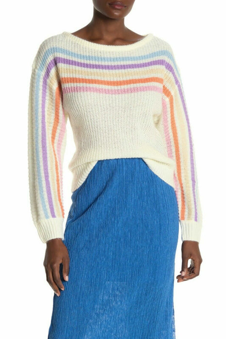 Lush Women's Long Sleeve Knitted Pullover Sweater In Ivory Rainbow Stripe Size M