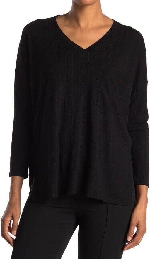 STATUS CHENAULT V-neck Ribbed Tunic knit front pocket Top In Black $68 size XS