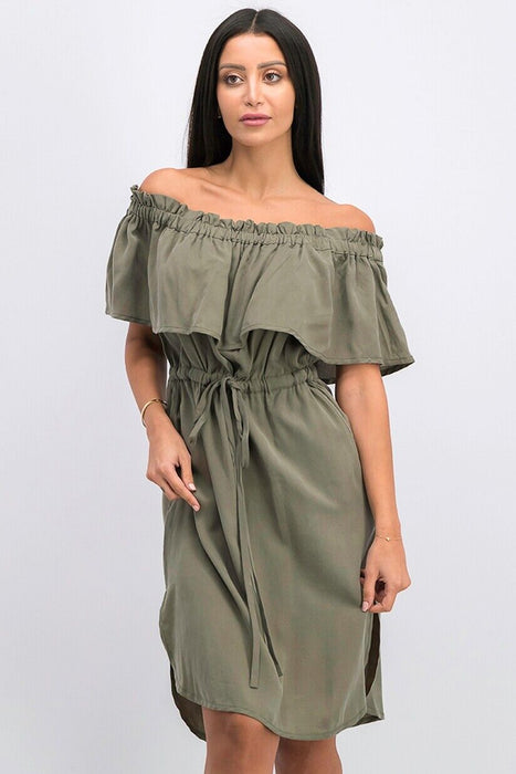 BCBGMAXAZRIA Evangelie Off The Shoulder Dress In Dusty Olive Size S $296
