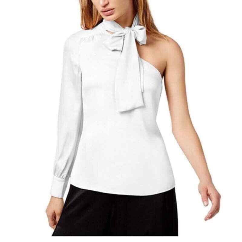 1.State Antique White Long-Sleeve One-Shoulder Bow Blouse Size M