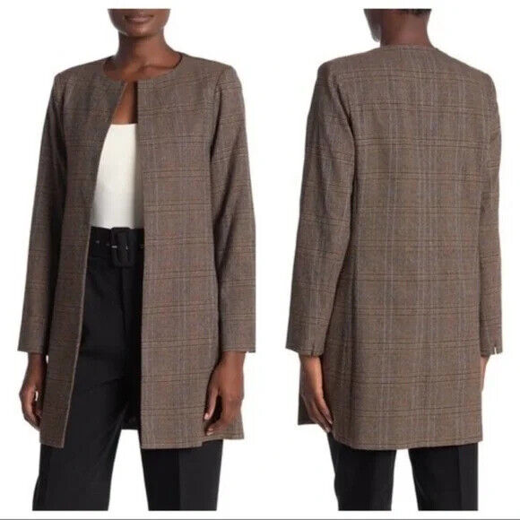 Amanda + Chelsea Brown Plaid Longline Open Front Topper Jacket Size M $180