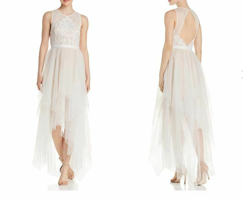 BCBGMAXAZRIA Riese Long Tulle Tiered Lace Gown Dress In Off White Size 6 $600
