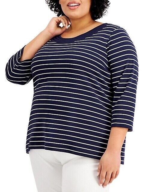 Karen Scott Crochet Trim 3/4 Sleeve Cotton Tunic Top White Black Stripe Size 2X