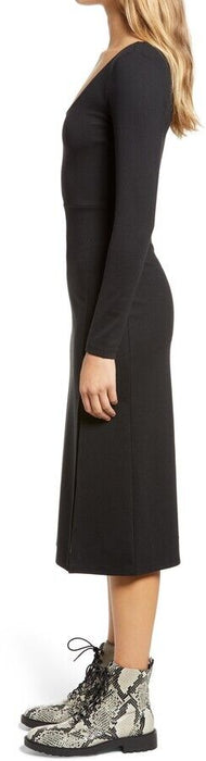 Leith Women's Long Sleeve Side Slit Midi Dress Scoop Neck A-Line Black Size M