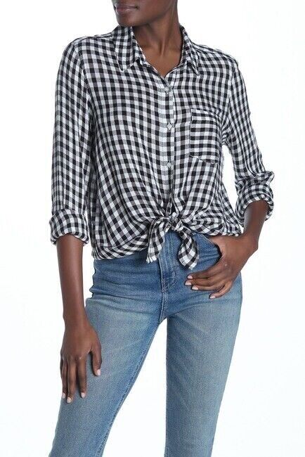 Abound Weekend Tie Front Black Annet Checked Light Shirt Size XS