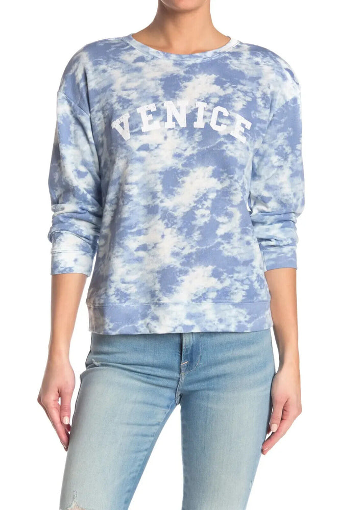 Bobeau Tie Dye Screen Print Venice Pullover Sweater In Denim/Ivory Size XS