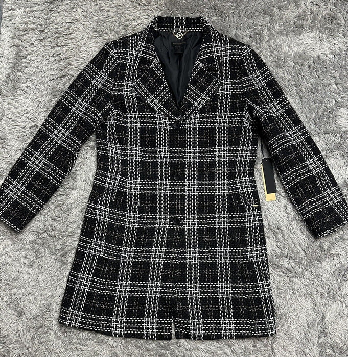 Donna Karan Women's Black Plaid Tweed Three Button Topper Jacket coat Size 14
