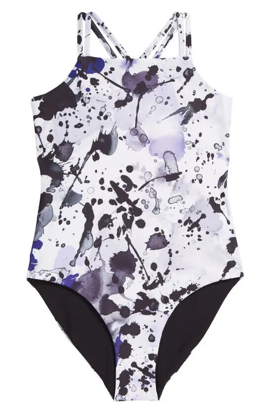 Zella Girl Reversible One-Piece Swimsuit In Blue Icelandic Print Size 12 Years