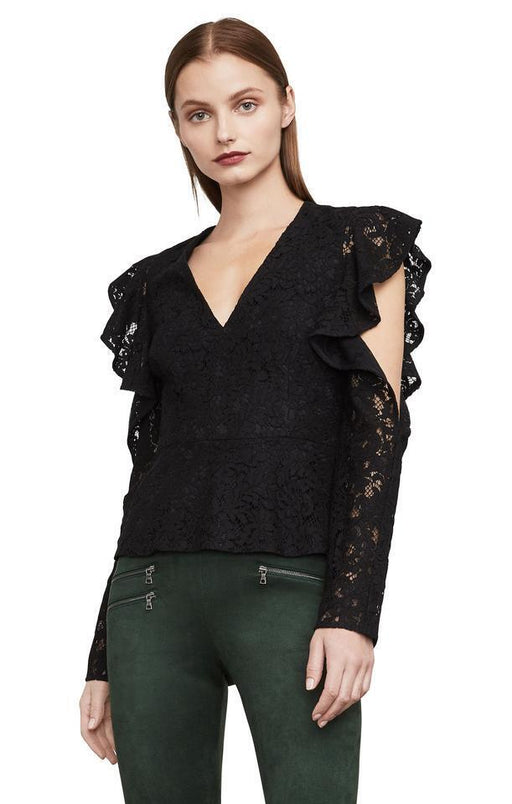 BCBGMAXAZRIA Women's Gil Lace Cut Out Peplum Blouse In Black Size XS $322