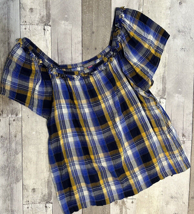 VINCE CAMUTO Sunset Plaid Square-neck Blouse In Electric Blue $69 size M