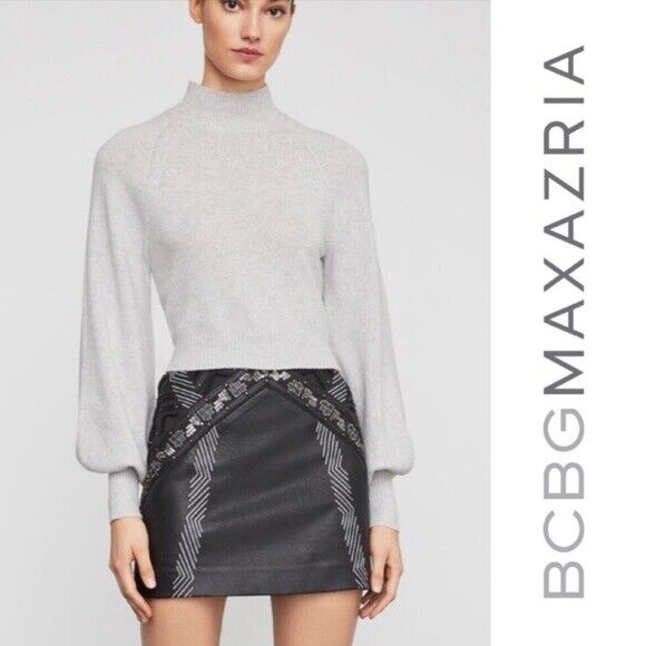 BCBGMAXAZRIA Long Sleeve Turtleneck Cropped Sweater In Light Dove Size L $178