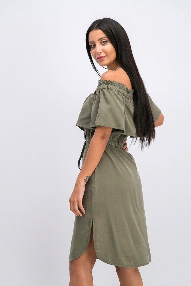 BCBGMAXAZRIA Evangelie Off The Shoulder Dress In Dusty Olive Size S $296