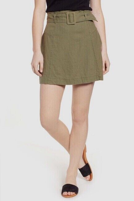 NEW BP Belted Linen Blend Paper Bag Waist Mini Skirt in olive size XS