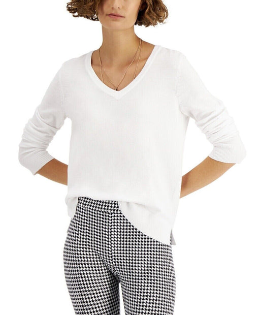 Style & Co Women's Solid V-Neck Long Sleeve Sweater White Top Size L NWT