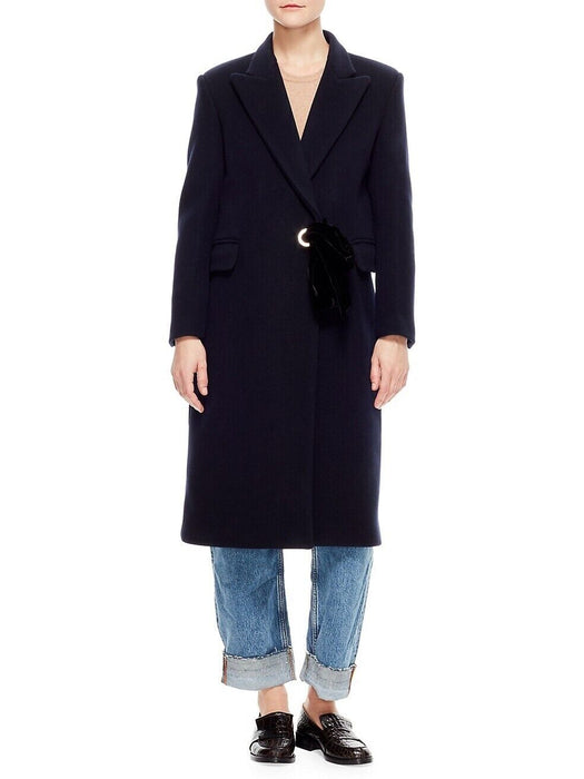 Sandro Women's Wool Blend Peak Lapel Velvet Tie Coat Navy Size 4 US / 36 FR $910