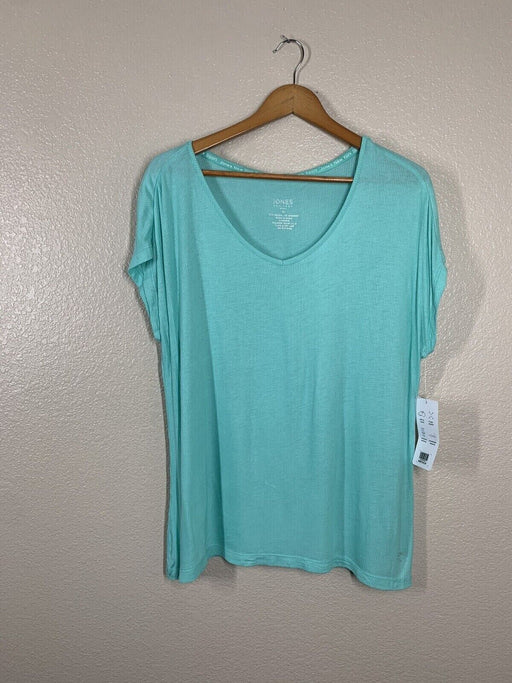 Jones New York Sport Ribbed Knit Tee Size Medium M Aquamarine V- Neck Cap Sleeve
