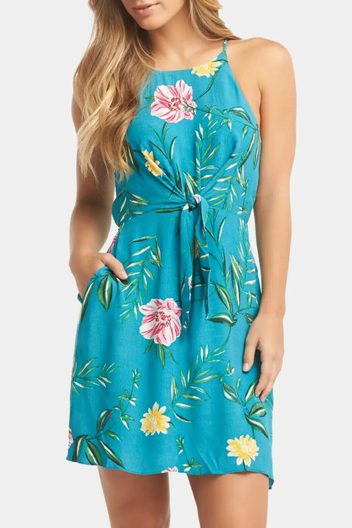 Tart Lena Sleeveless Tie Waist Dress In Blue Tropi Size XS