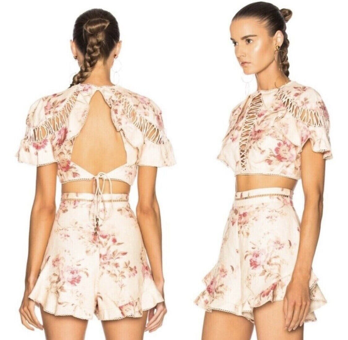 Zimmermann Corsair Flutter Lace Up Crop Top In Cream Floral Size 1 (US 6)