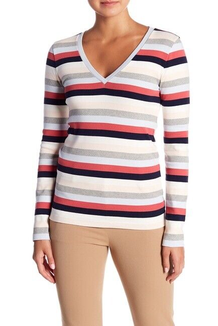 J Crew Woman's Cotton Perfect Fit V-Neck T-Shirt in Multi Stripe Size XS