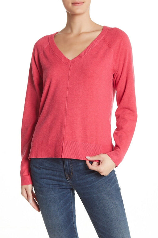 Bobeau Long Sleeve Knitted V-Neck Exposed Seam Pullover Soft Sweater Pink Size S